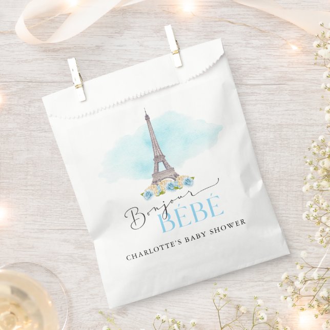 Paris Eiffel Tower Bonjour Baby Shower Favor Bags (Clipped)