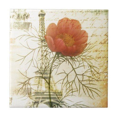 Paris eiffel tower botanical red poppy flower ceramic tile