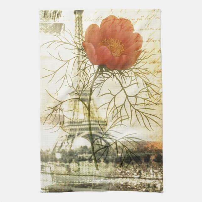 Paris eiffel tower botanical red poppy flower kitchen towel (Vertical)