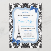 Paris Eiffel Tower Bow Blue Birthday Invite