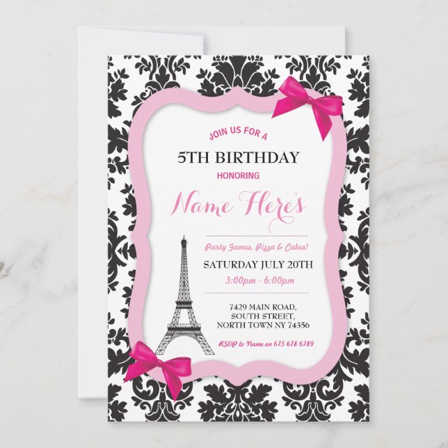Paris Eiffel Tower Bow Damask Birthday Invite (Front)