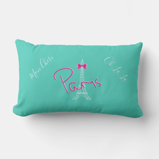 Paris, Eiffel Tower Bow French Modern Turquoise Lumbar Pillow (Front)