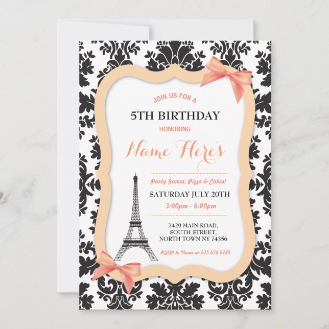 Paris Eiffel Tower Bow Peach Birthday Invite (Front)