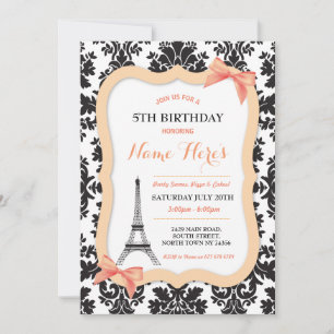 Paris Eiffel Tower Bow Peach Birthday Invite