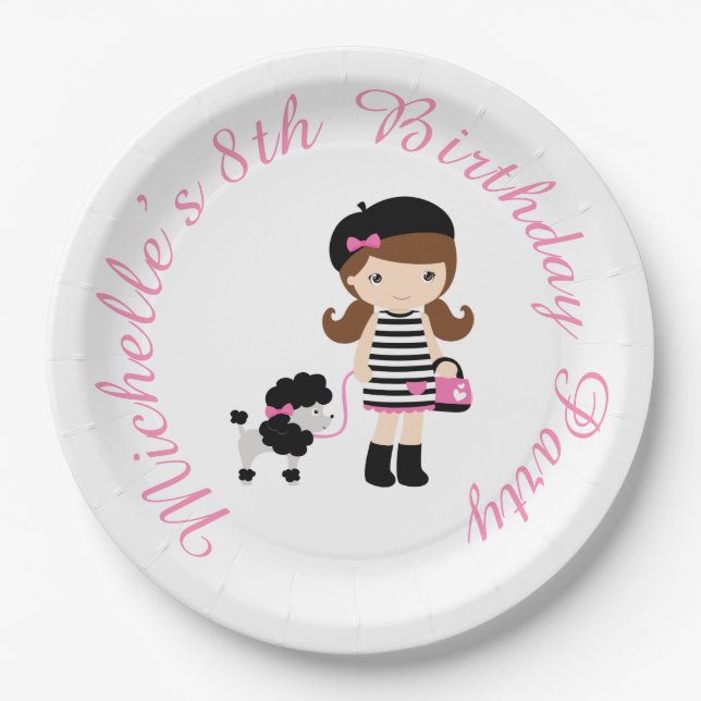 Paris Eiffel Tower Brunette Girl Paper Plates (Front)