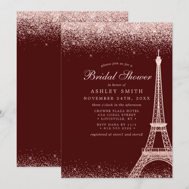 Paris Eiffel Tower Burgundy Sparkle Bridal Shower Invitation (Front/Back)