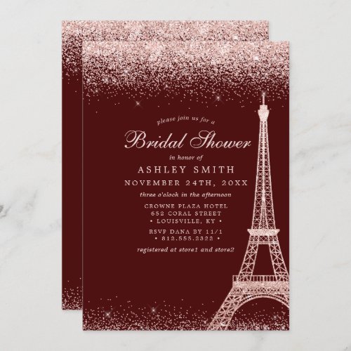 Paris Eiffel Tower Burgundy Sparkle Bridal Shower Invitation