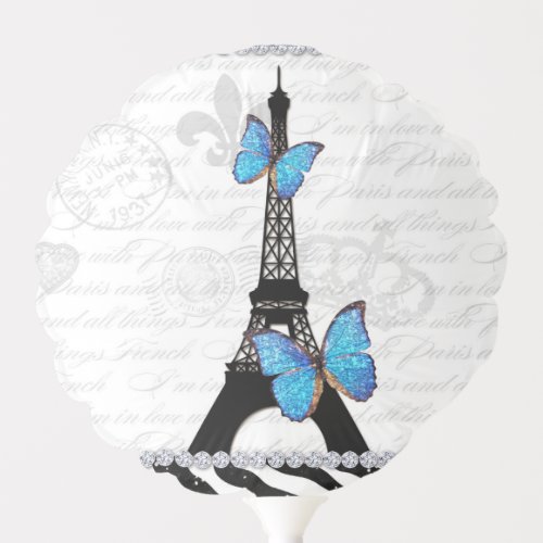 Paris Eiffel Tower Butterflies Blue Glitter French Balloon