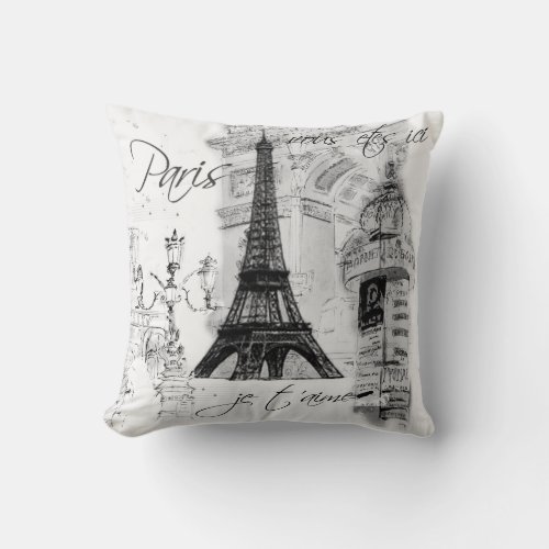Paris Eiffel Tower Collage Black  White Throw Pillow