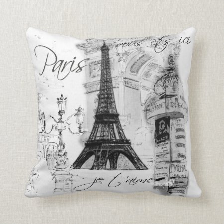 Paris Eiffel Tower Collage Black & White Throw Pillow