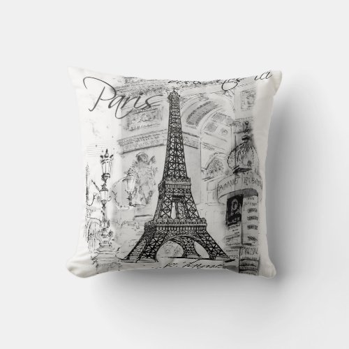 Paris Eiffel Tower Collage Black  White Throw Pillow