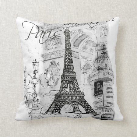 Paris Eiffel Tower Collage Black & White Throw Pillow