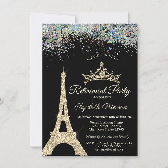 Paris Eiffel Tower,Colorful Confetti Retirement   Invitation (Front)