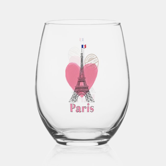 Paris Eiffel Tower Design Stemless Wine Glass