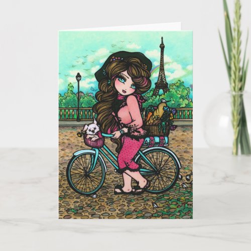 Paris Eiffel Tower Dog Bike Fantasy Girl Art Card
