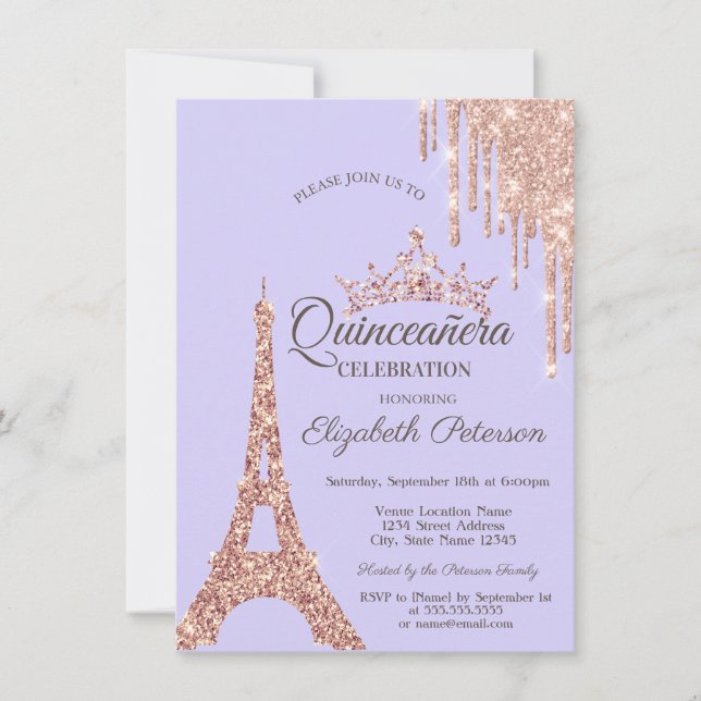 Paris Eiffel Tower,Drip Lavander Quinceañera  Invitation (Front)