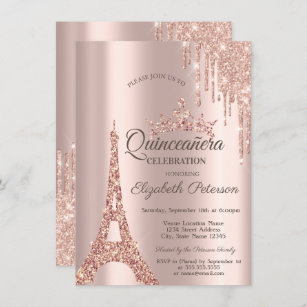 Paris Eiffel Tower,Drip Rose Gold Quinceañera  Invitation