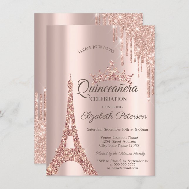 Paris Eiffel Tower,Drip Rose Gold Quinceañera  Invitation (Front/Back)