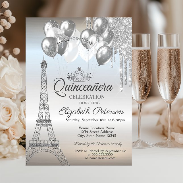 Paris Eiffel Tower,Drips Balloons Quinceañera Invitation (Creator Uploaded)