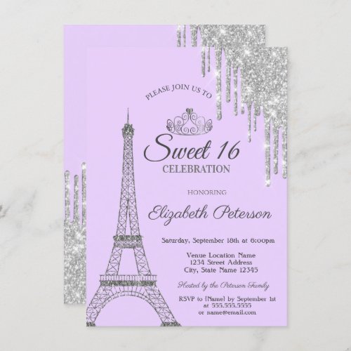 Paris Eiffel TowerDrips Light Purple Sweet 16  Invitation