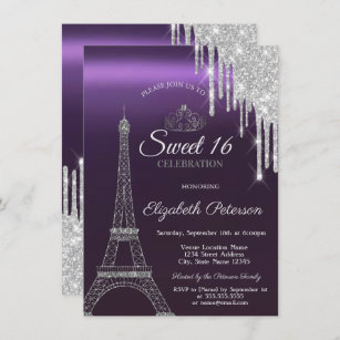 Paris Eiffel Tower,Drips,Purple Metallic Sweet 16  Invitation
