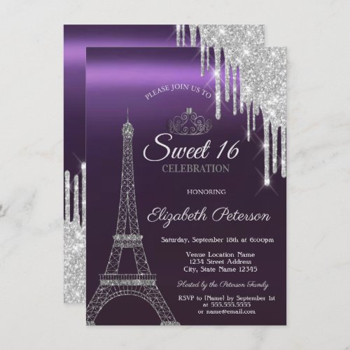 Paris Eiffel TowerDripsPurple Metallic Sweet 16  Invitation