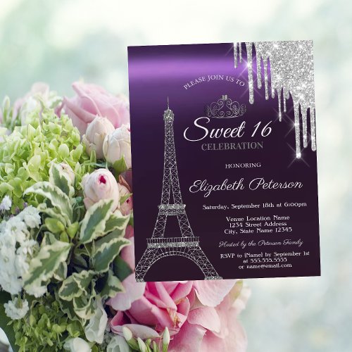 Paris Eiffel TowerDripsPurple Metallic Sweet 16  Invitation