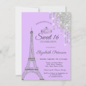 Paris Eiffel Tower,Drips Purple Sweet 16 Invitation (Front)