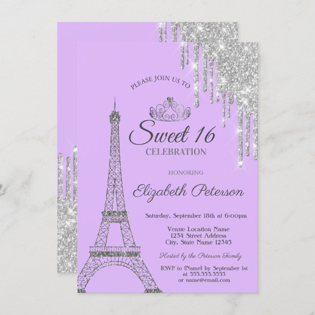 Paris Eiffel Tower,Drips Purple Sweet 16 Invitation (Front/Back)