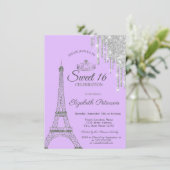 Paris Eiffel Tower,Drips Purple Sweet 16 Invitation (Standing Front)