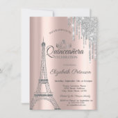 Paris Eiffel Tower,Drips Rose Gold Quinceañera Invitation (Front)