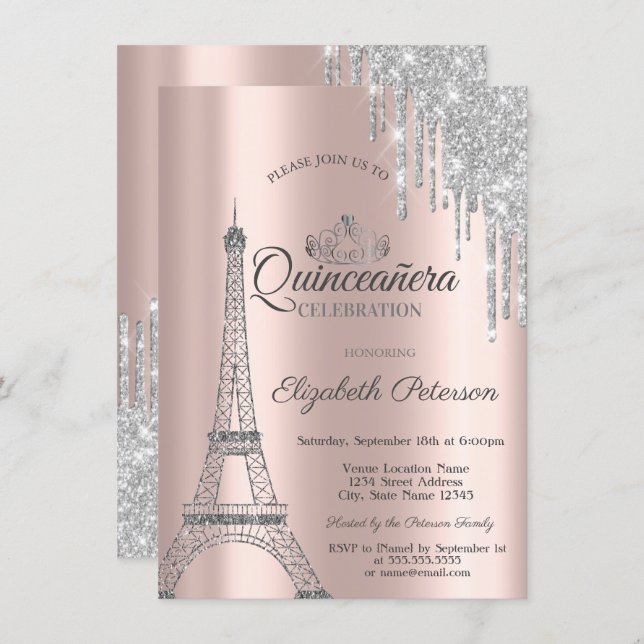 Paris Eiffel Tower,Drips Rose Gold Quinceañera Invitation (Front/Back)