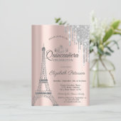 Paris Eiffel Tower,Drips Rose Gold Quinceañera Invitation (Standing Front)
