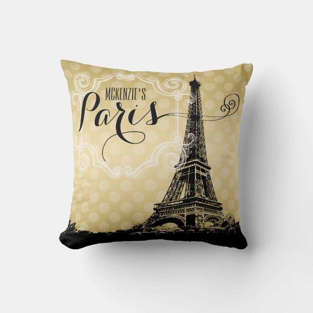 Paris Eiffel Tower Faux Gold Monogrammed Throw Pillow (Front)