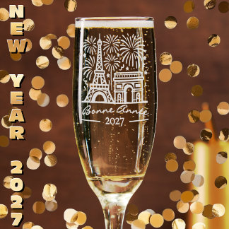 Paris Eiffel Tower Fireworks Bonne Année 2027 Champagne Flute