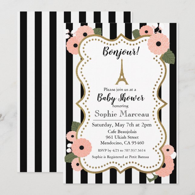 Paris Eiffel Tower Floral Baby Shower Invitation (Front/Back)