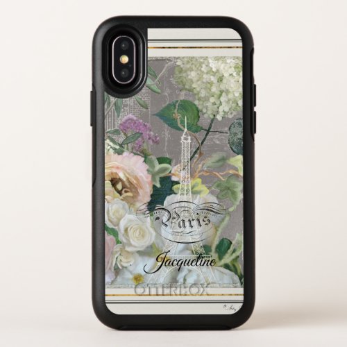 Paris Eiffel Tower Floral Vintage Peony Rose Art OtterBox Symmetry iPhone X Case