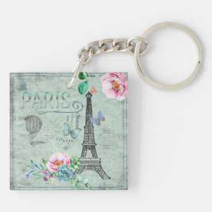Paris-Eiffel Tower-Flower-Floral-Vintage-Roses Keychain