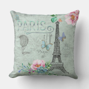 Paris-Eiffel Tower-Flower-Floral-Vintage-Roses Outdoor Pillow