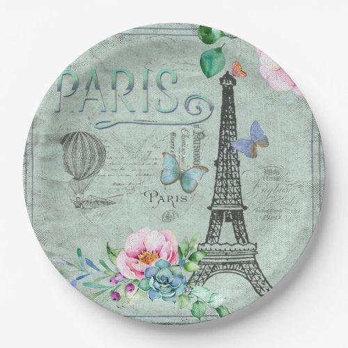 Paris_Eiffel Tower_Flower_Floral_Vintage_Roses Paper Plates
