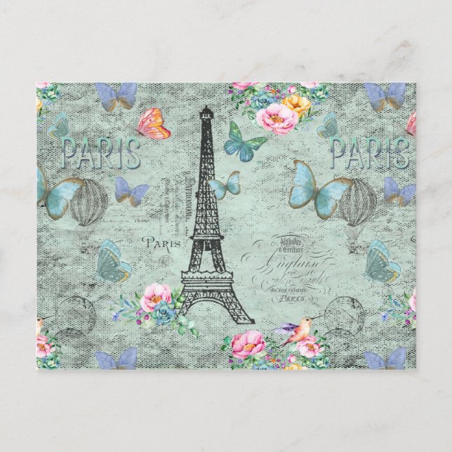 Paris-Eiffel Tower-Flower-Floral-Vintage-Roses Postcard (Front)