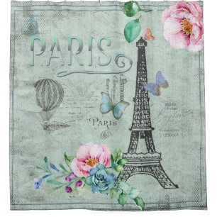 Paris-Eiffel Tower-Flower-Floral-Vintage-Roses Shower Curtain