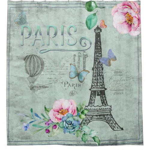 Paris_Eiffel Tower_Flower_Floral_Vintage_Roses Shower Curtain