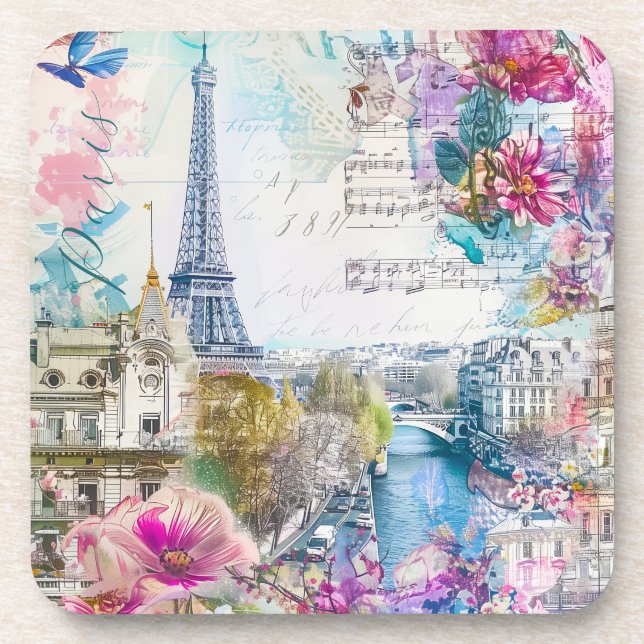 Paris Eiffel Tower Flowers Collage Travel Art Beverage Coaster (Front)
