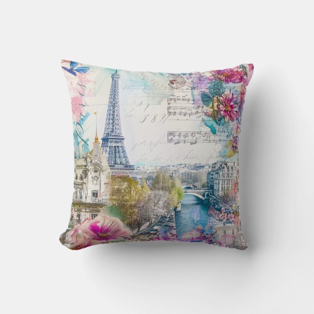Paris Eiffel Tower Flowers Collage Travel Art Throw Pillow (Front)