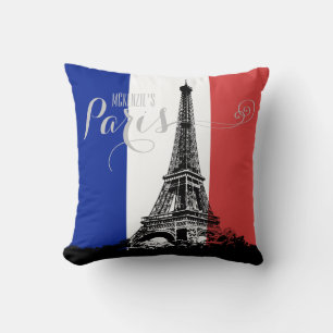 Paris Eiffel Tower France Flag Monogram Throw Pillow