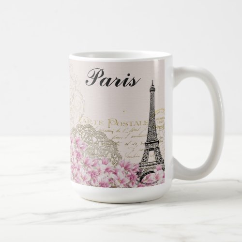 Paris Eiffel Tower France Vintage Pink Flowers Coffee Mug