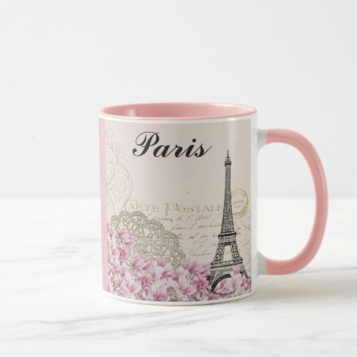 Paris Eiffel Tower France Vintage Pink Flowers Mug