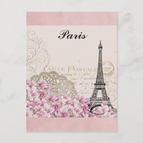 Paris Eiffel Tower France Vintage Pink Flowers Postcard