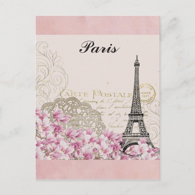 Paris Eiffel Tower France Vintage Pink Flowers Postcard (Front)